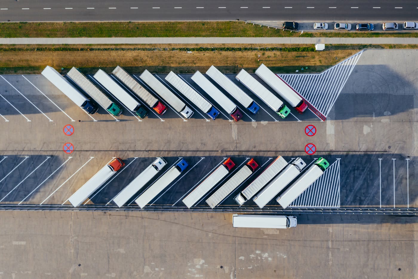 Industrial logistics site with freight vehicles