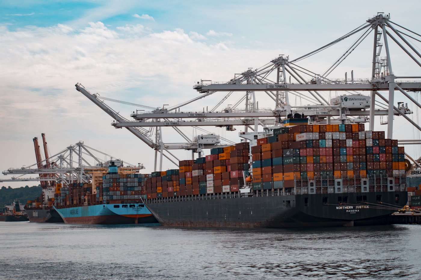 Container vessels and cranes at an international port